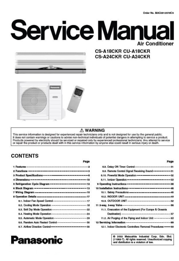 CS-A18CKR, CS-A24CKR, CU-A18CKR, CU-A24CKR